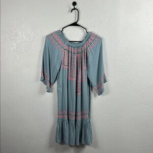 7 Islands Women’s Blue Mini Dress Pink Green Embroidery Sz S Ruffle Hem Bohemian